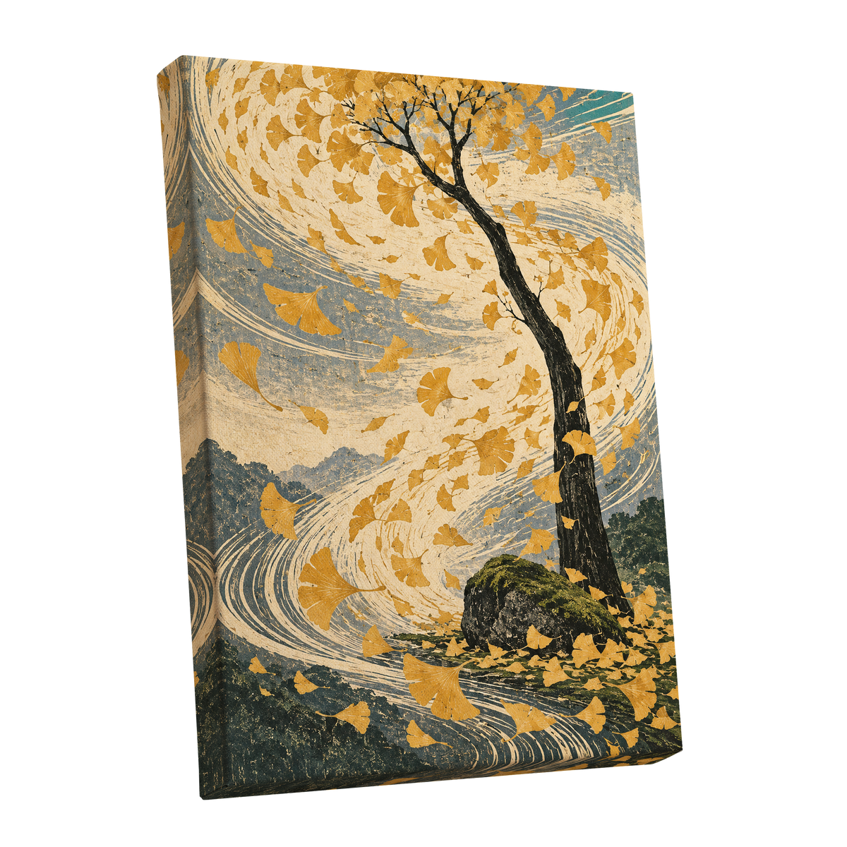Ginkgo in the Gale, gold, beige, blue nature wall art shown as a stretched canvas wall art