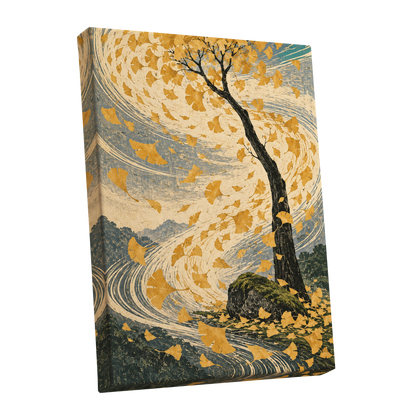 Ginkgo in the Gale, gold, beige, blue nature wall art shown as a stretched canvas wall art