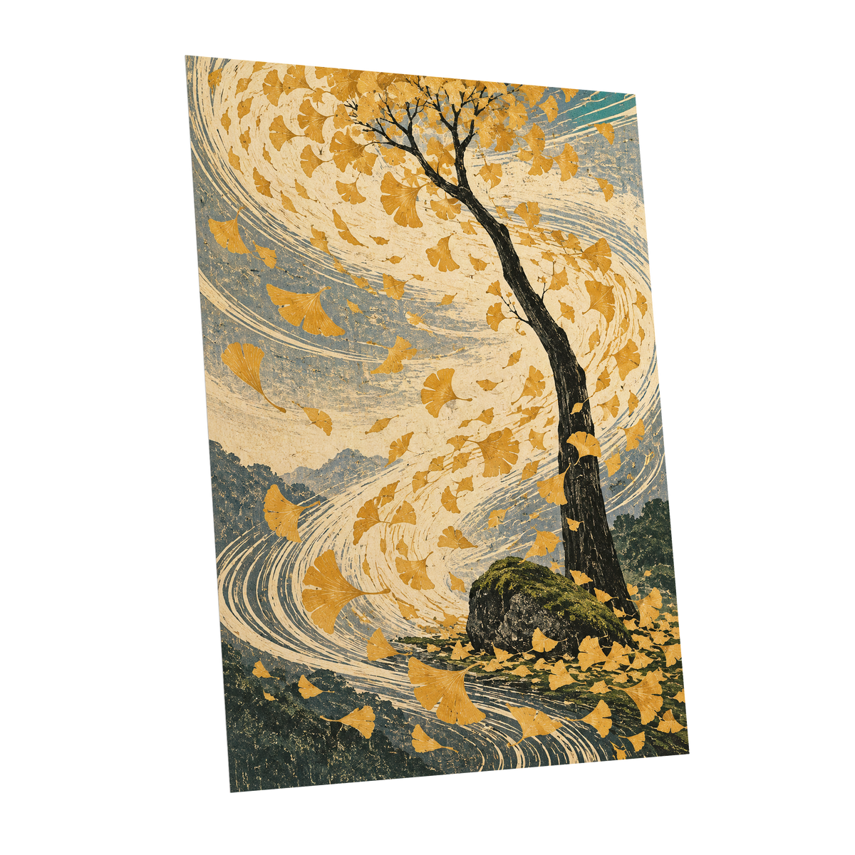 Ginkgo in the Gale, gold, beige, blue nature wall art shown as a unframed poster wall art print