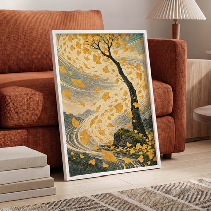 Ginkgo in the Gale, gold, beige, blue nature wall art displayed in a styled interior, gallery view 2
