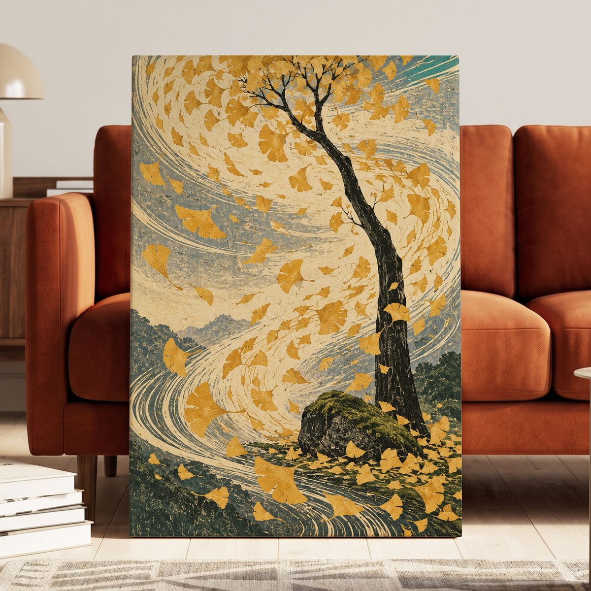 Ginkgo in the Gale, gold, beige, blue nature wall art displayed in a styled interior, gallery view 3