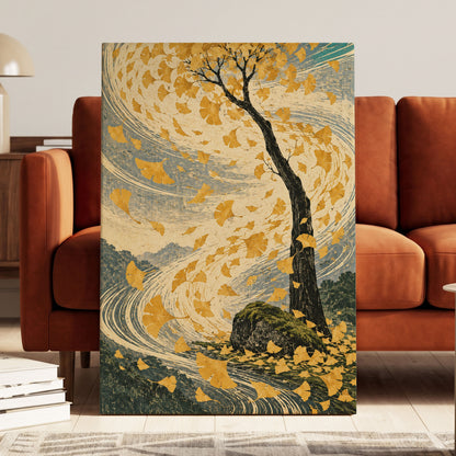 Ginkgo in the Gale, gold, beige, blue nature wall art displayed in a styled interior, gallery view 3