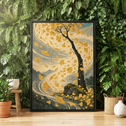 Ginkgo in the Gale, gold, beige, blue nature wall art displayed in a styled interior, gallery view 4