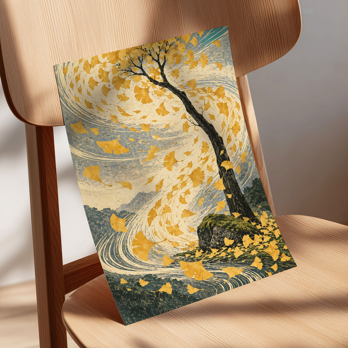 Ginkgo in the Gale, gold, beige, blue nature wall art displayed in a styled interior, gallery view 5