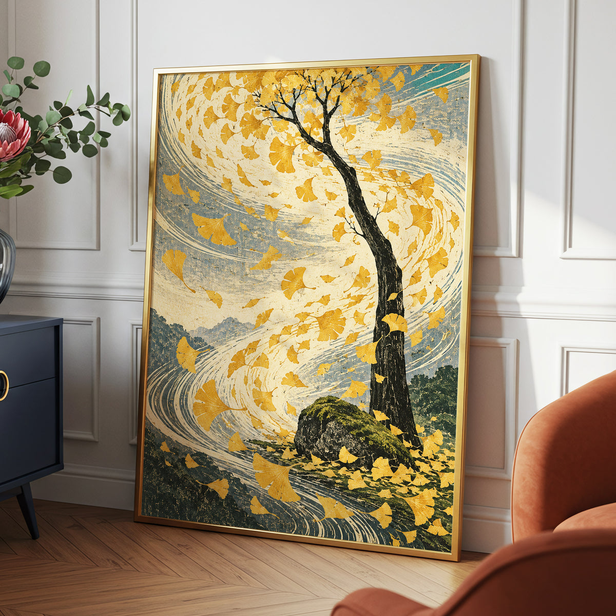 Ginkgo in the Gale, gold, beige, blue nature wall art displayed in a styled interior, gallery view 6