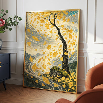 Ginkgo in the Gale, gold, beige, blue nature wall art displayed in a styled interior, gallery view 6