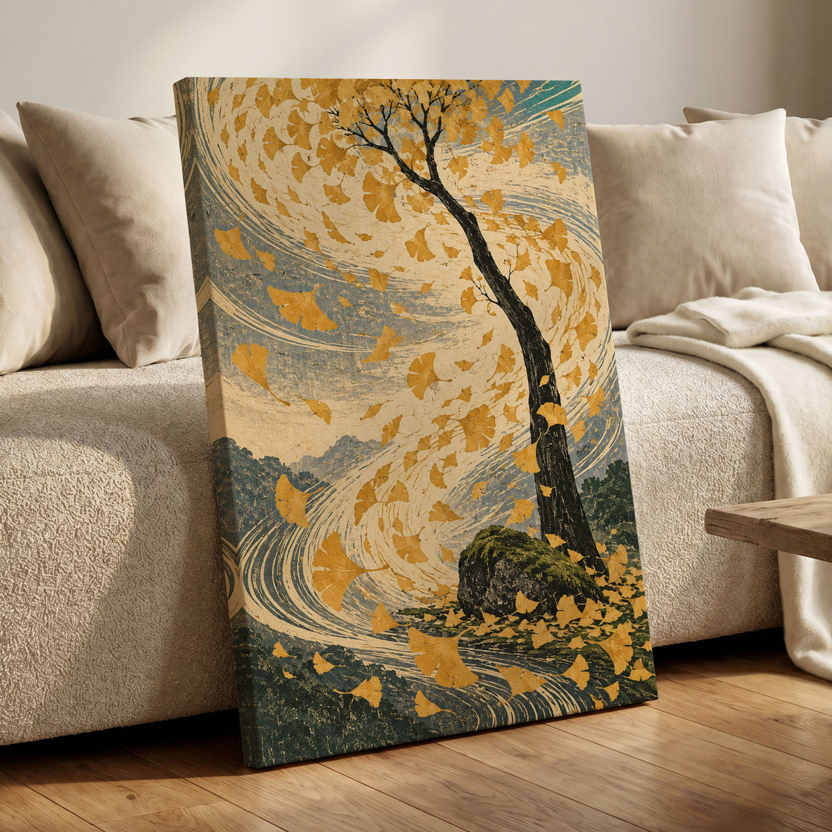 Ginkgo in the Gale, gold, beige, blue nature wall art displayed in a styled interior, gallery view 7