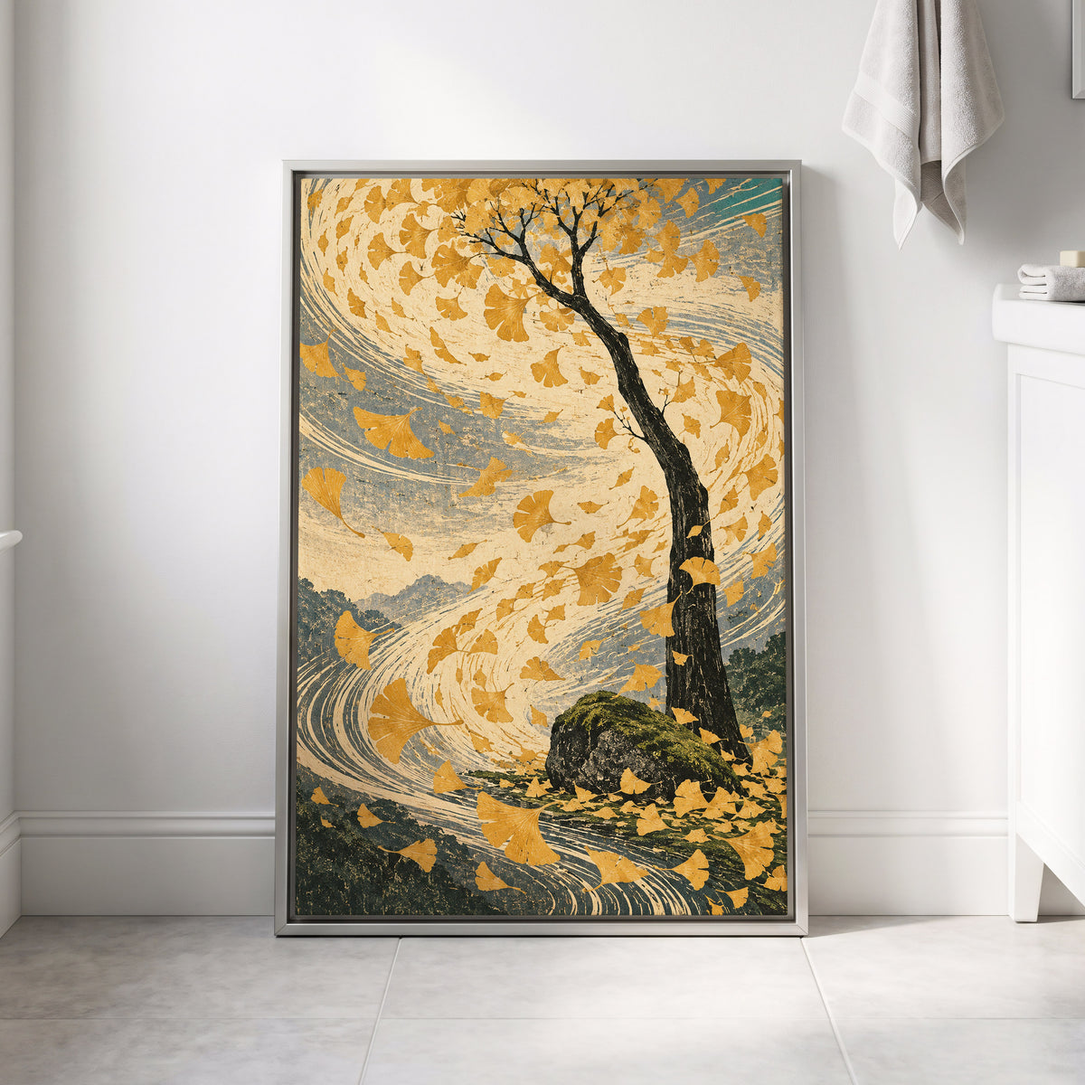 Ginkgo in the Gale, gold, beige, blue nature wall art displayed in a styled interior, gallery view 8
