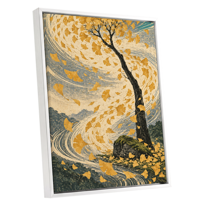 Ginkgo in the Gale, gold, beige, blue nature wall art shown as a white framed canvas wall art