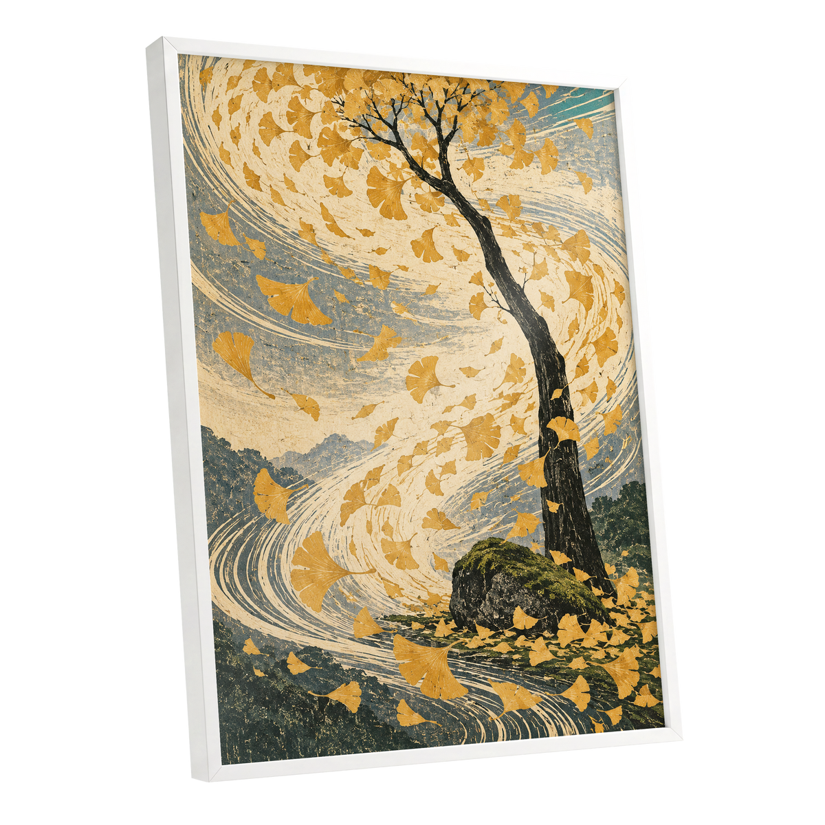 Ginkgo in the Gale, gold, beige, blue nature wall art shown as a white framed poster wall art print
