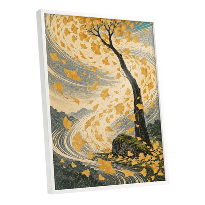 Ginkgo in the Gale, gold, beige, blue nature wall art shown as a white framed poster wall art print