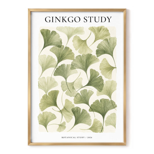 Ginkgo Reverie, green, beige, white nature wall art, front artwork view