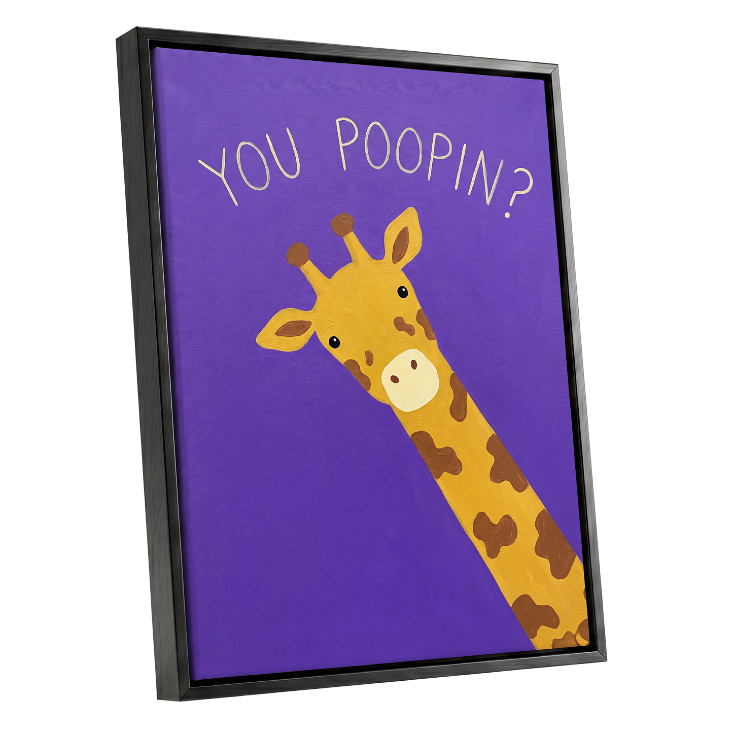 Giraffe's Cheeky Question, purple, yellow, brown nature wall art shown as a black framed canvas wall art