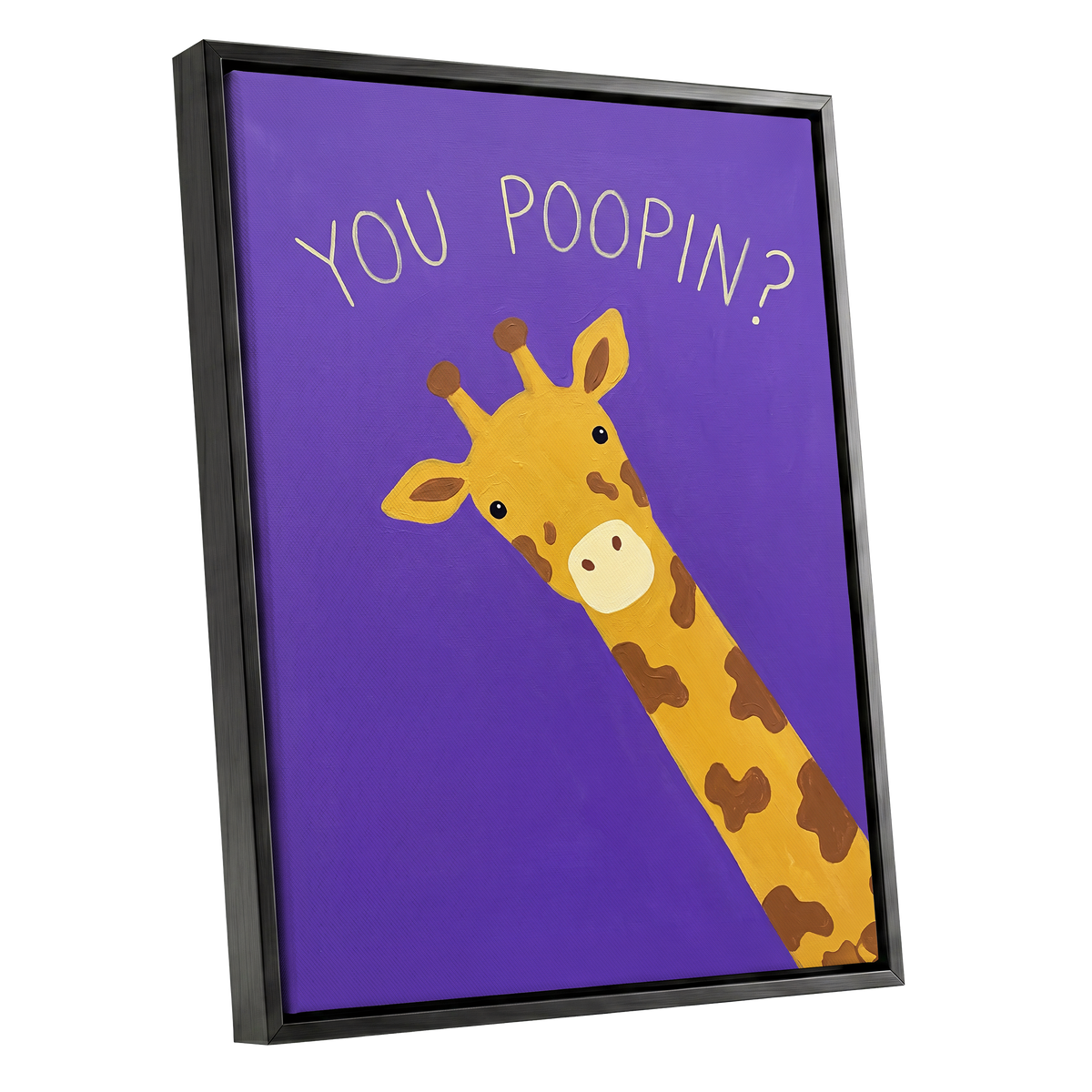 Giraffe's Cheeky Question, purple, yellow, brown nature wall art shown as a black framed canvas wall art