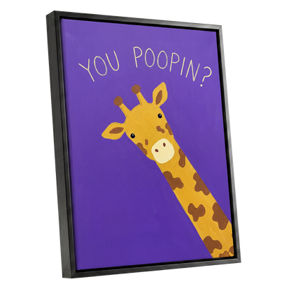 Giraffe's Cheeky Question, purple, yellow, brown nature wall art shown as a black framed canvas wall art