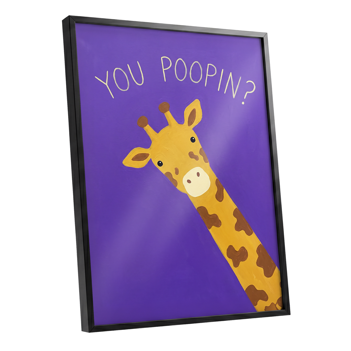Giraffe's Cheeky Question, purple, yellow, brown nature wall art shown as a black framed poster wall art print