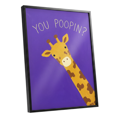 Giraffe's Cheeky Question, purple, yellow, brown nature wall art shown as a black framed poster wall art print