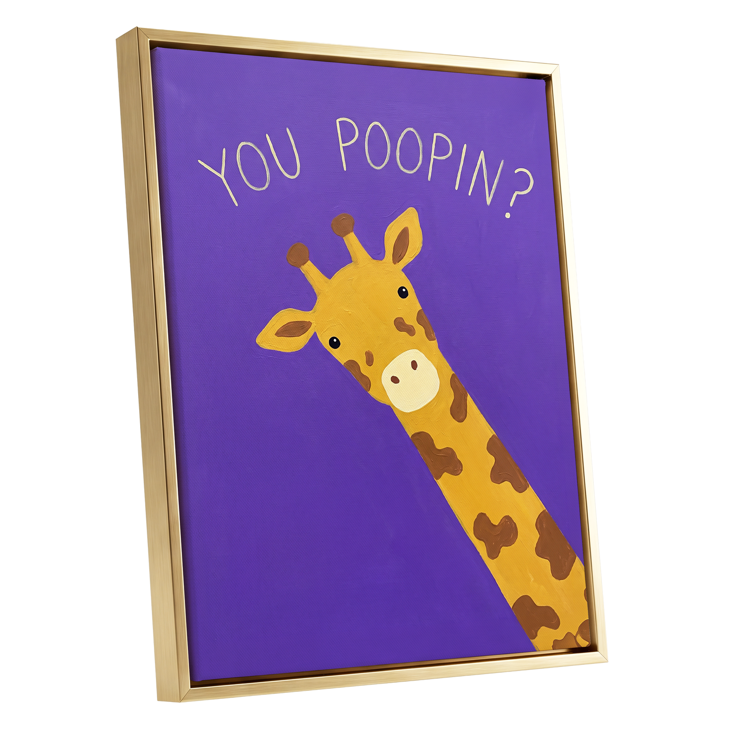 Giraffe's Cheeky Question, purple, yellow, brown nature wall art shown as a gold framed canvas wall art