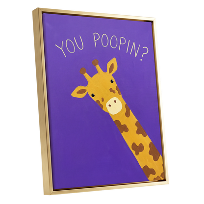 Giraffe's Cheeky Question, purple, yellow, brown nature wall art shown as a gold framed canvas wall art