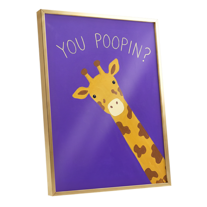 Giraffe's Cheeky Question, purple, yellow, brown nature wall art shown as a gold framed poster wall art print
