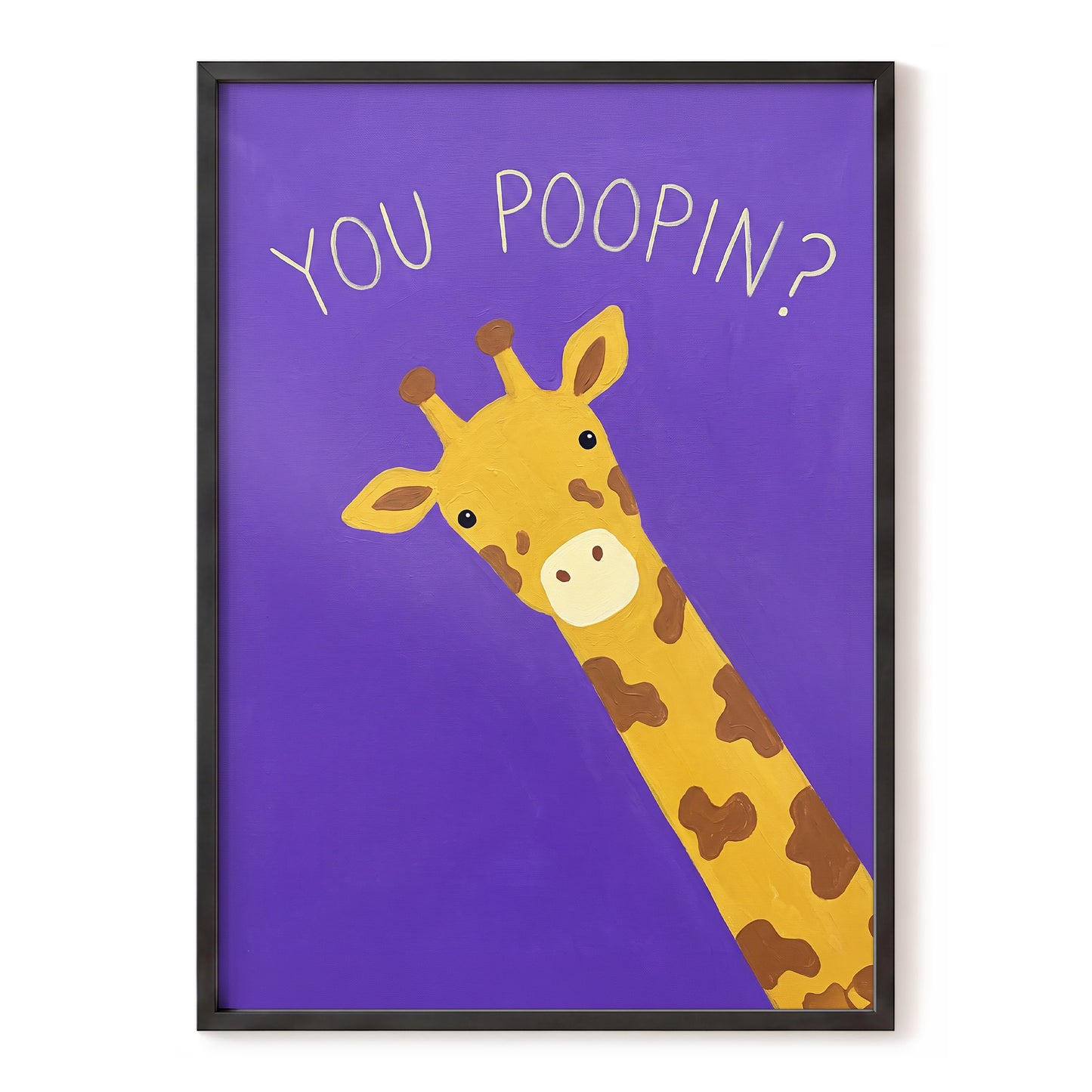 Giraffe's Cheeky Question, purple, yellow, brown nature wall art, front artwork view