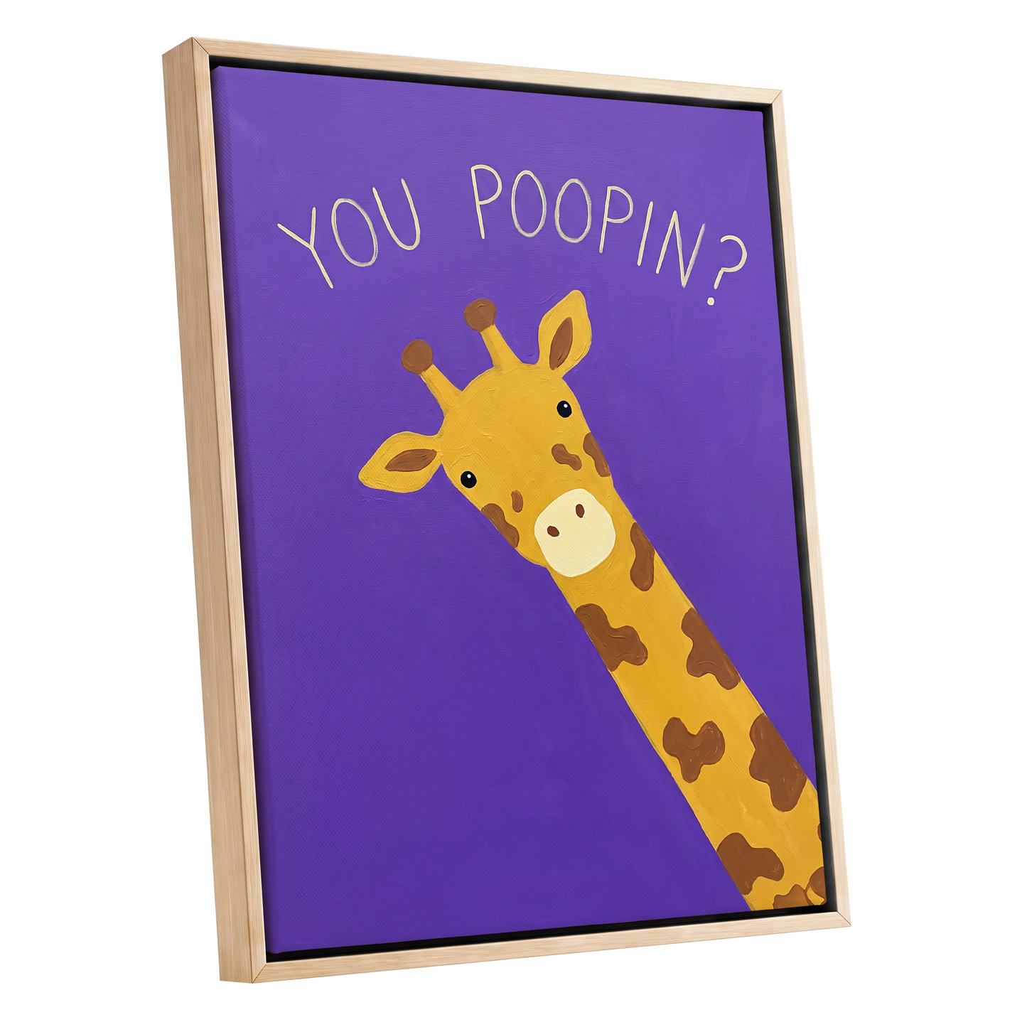 Giraffe's Cheeky Question, purple, yellow, brown nature wall art shown as a oak framed canvas wall art