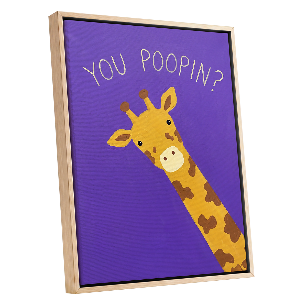 Giraffe's Cheeky Question, purple, yellow, brown nature wall art shown as a oak framed canvas wall art
