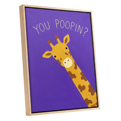 Giraffe's Cheeky Question, purple, yellow, brown nature wall art shown as a oak framed canvas wall art