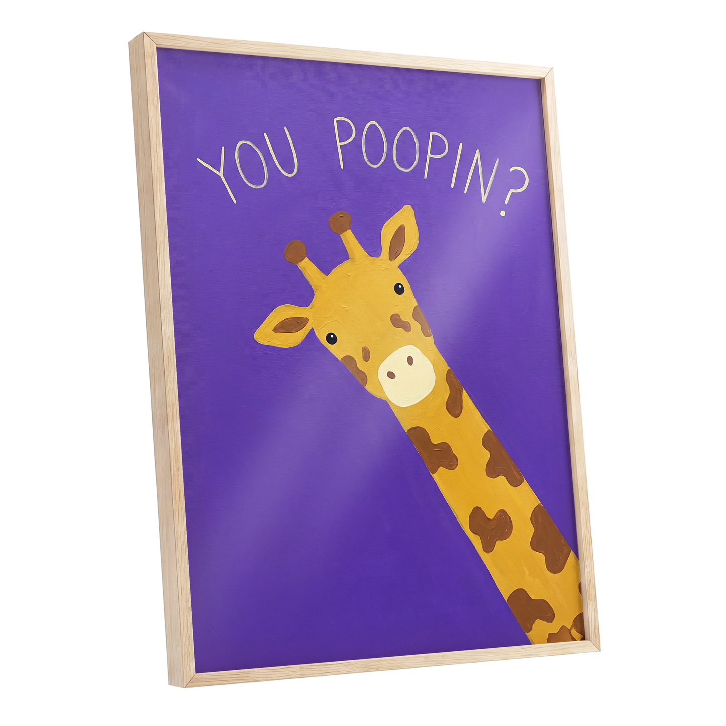Giraffe's Cheeky Question, purple, yellow, brown nature wall art shown as a oak framed poster wall art print