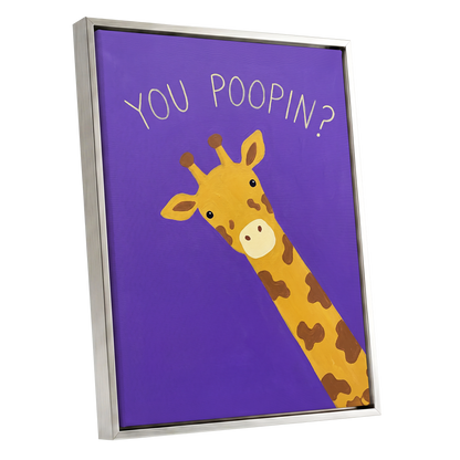 Giraffe's Cheeky Question, purple, yellow, brown nature wall art shown as a silver framed canvas wall art