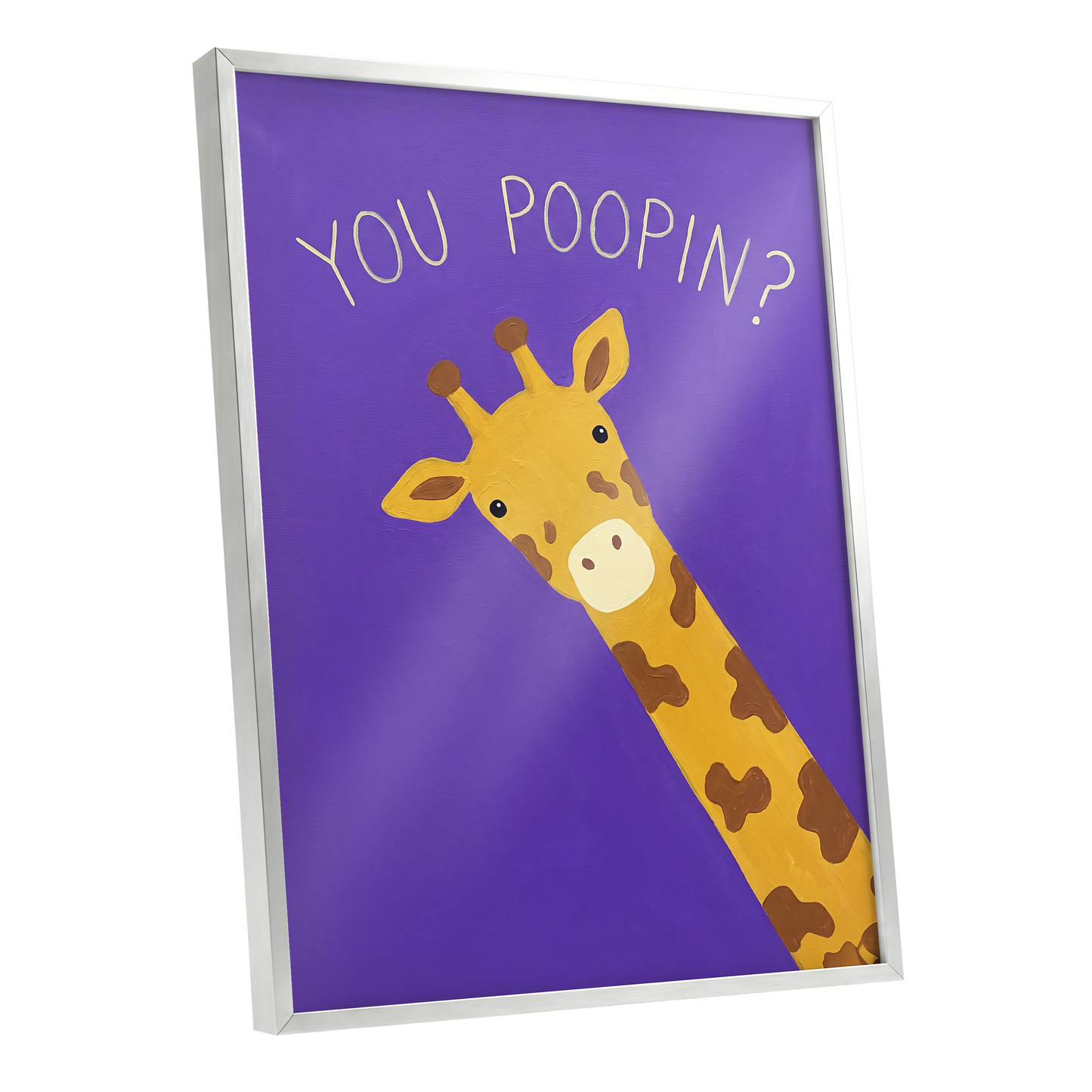 Giraffe's Cheeky Question, purple, yellow, brown nature wall art shown as a silver framed poster wall art print