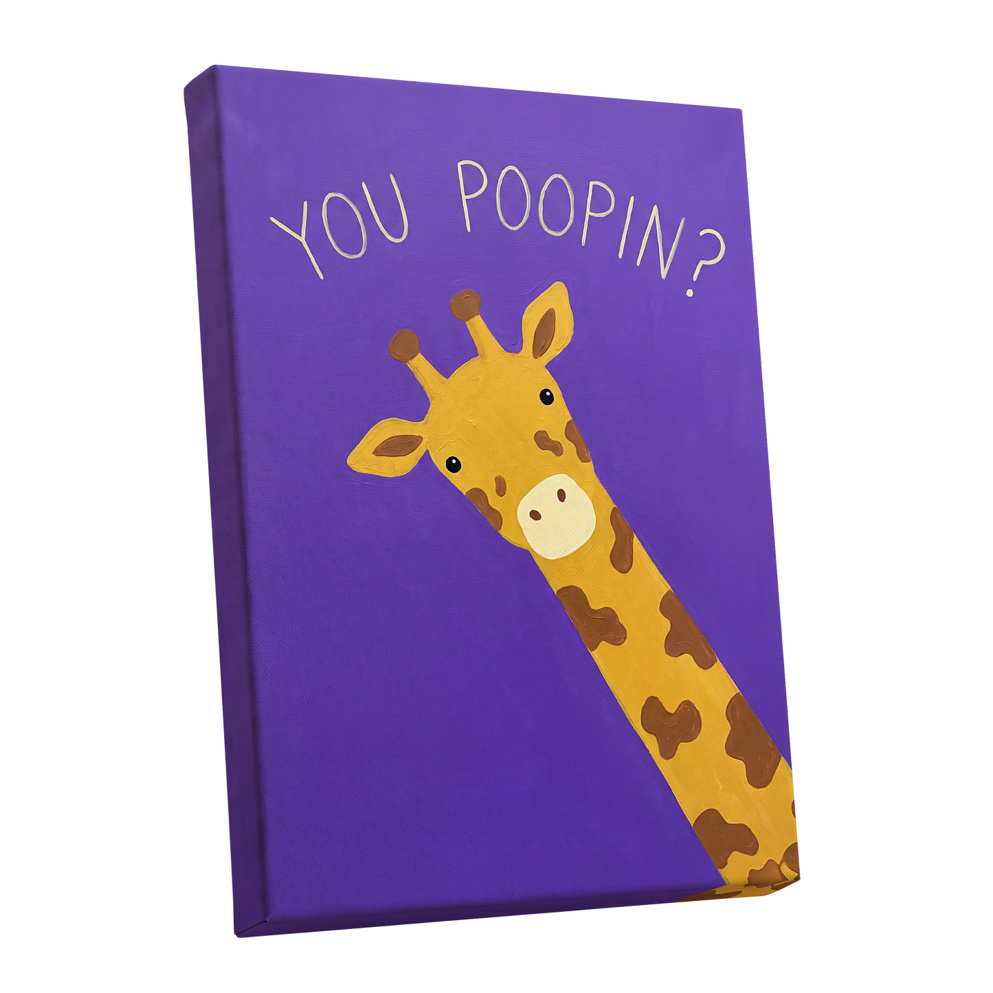Giraffe's Cheeky Question, purple, yellow, brown nature wall art shown as a stretched canvas wall art