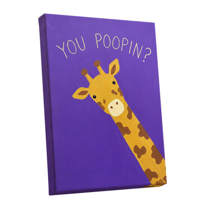 Giraffe's Cheeky Question, purple, yellow, brown nature wall art shown as a stretched canvas wall art