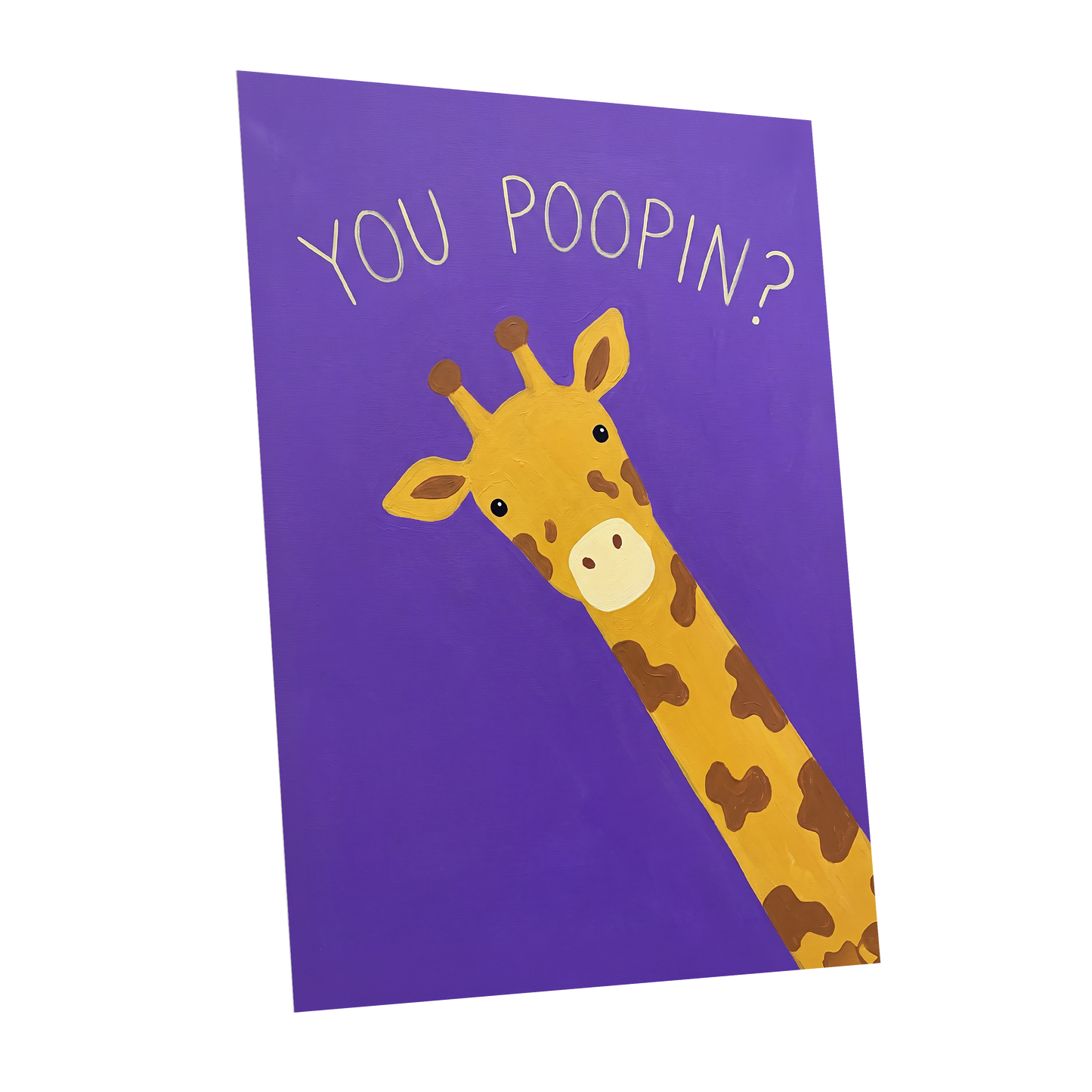 Giraffe's Cheeky Question, purple, yellow, brown nature wall art shown as a unframed poster wall art print