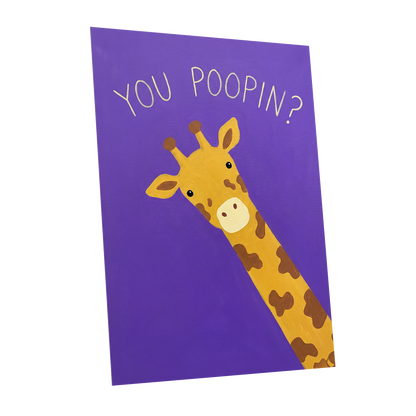 Giraffe's Cheeky Question, purple, yellow, brown nature wall art shown as a unframed poster wall art print