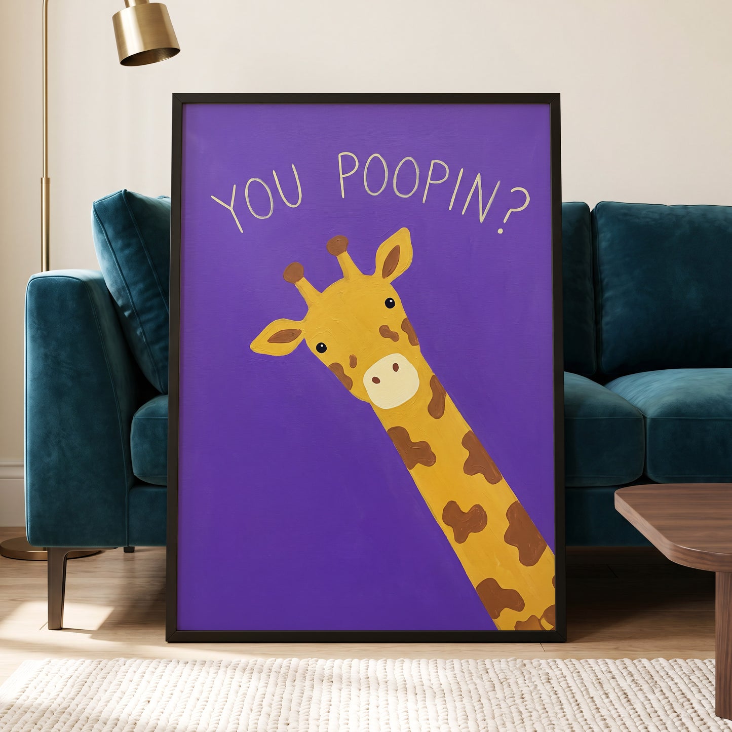 Giraffe's Cheeky Question, purple, yellow, brown nature wall art displayed in a styled interior, gallery view 2
