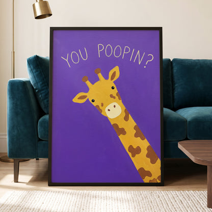 Giraffe's Cheeky Question, purple, yellow, brown nature wall art displayed in a styled interior, gallery view 2