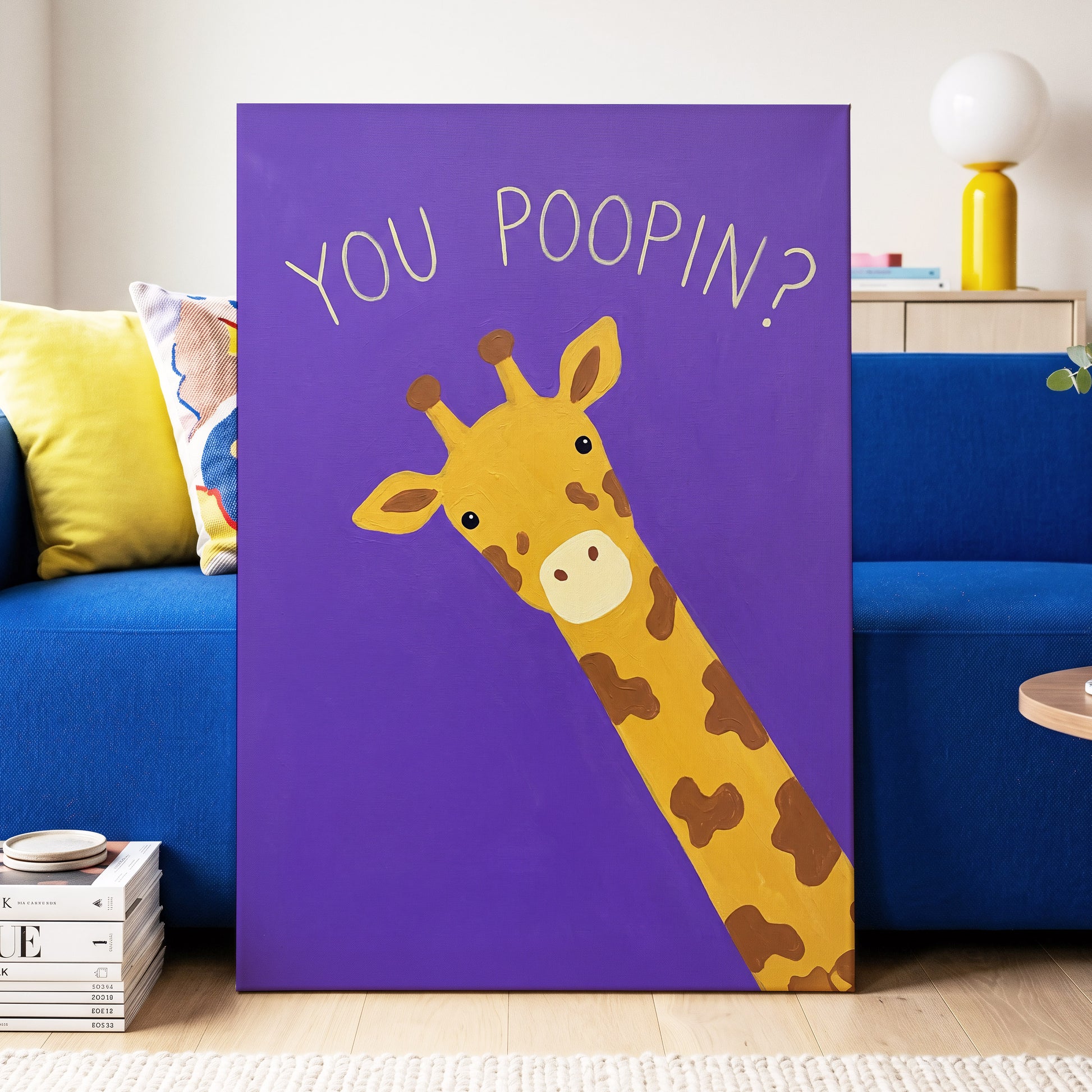 Giraffe's Cheeky Question, purple, yellow, brown nature wall art displayed in a styled interior, gallery view 3