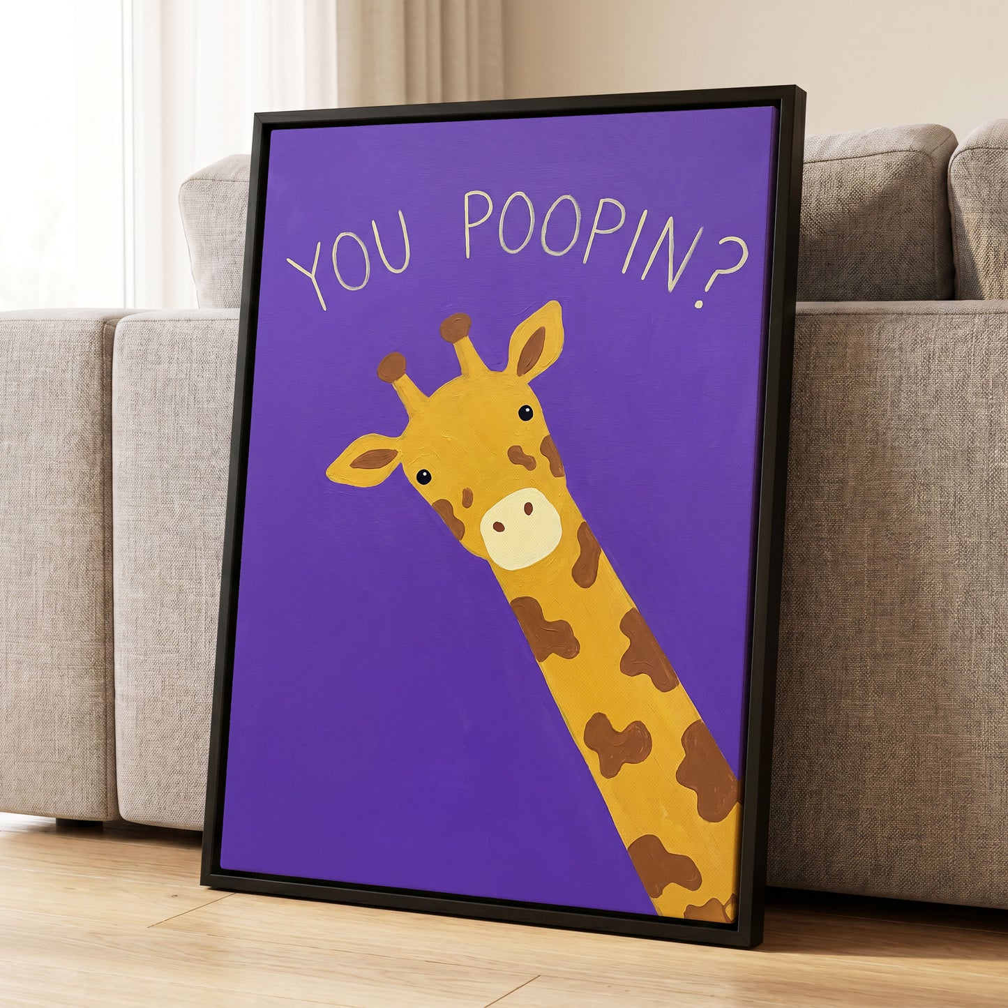 Giraffe's Cheeky Question, purple, yellow, brown nature wall art displayed in a styled interior, gallery view 4