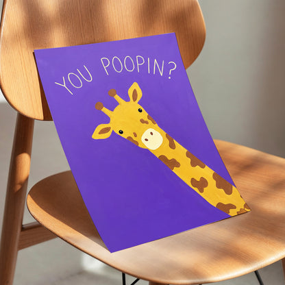 Giraffe's Cheeky Question, purple, yellow, brown nature wall art displayed in a styled interior, gallery view 5