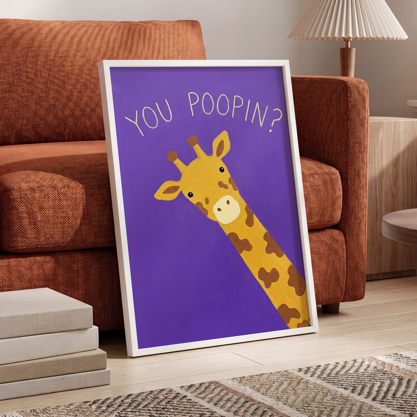 Giraffe's Cheeky Question, purple, yellow, brown nature wall art displayed in a styled interior, gallery view 6