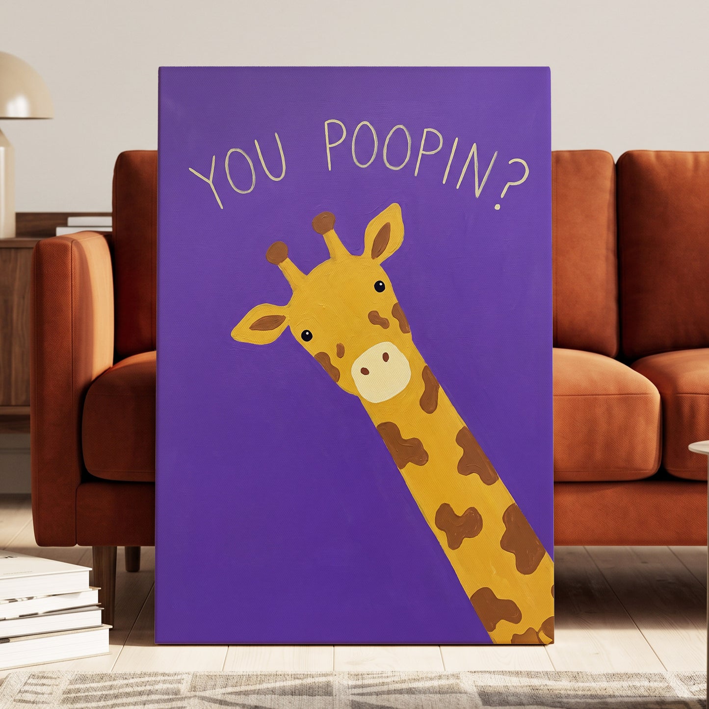 Giraffe's Cheeky Question, purple, yellow, brown nature wall art displayed in a styled interior, gallery view 7