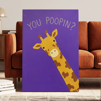 Giraffe's Cheeky Question, purple, yellow, brown nature wall art displayed in a styled interior, gallery view 7
