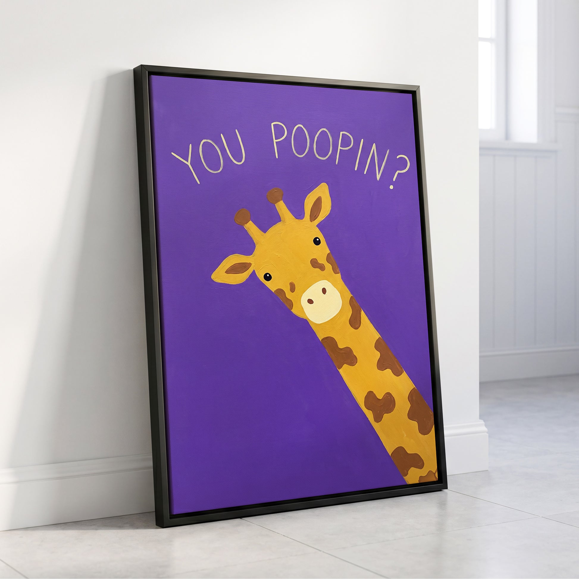 Giraffe's Cheeky Question, purple, yellow, brown nature wall art displayed in a styled interior, gallery view 8