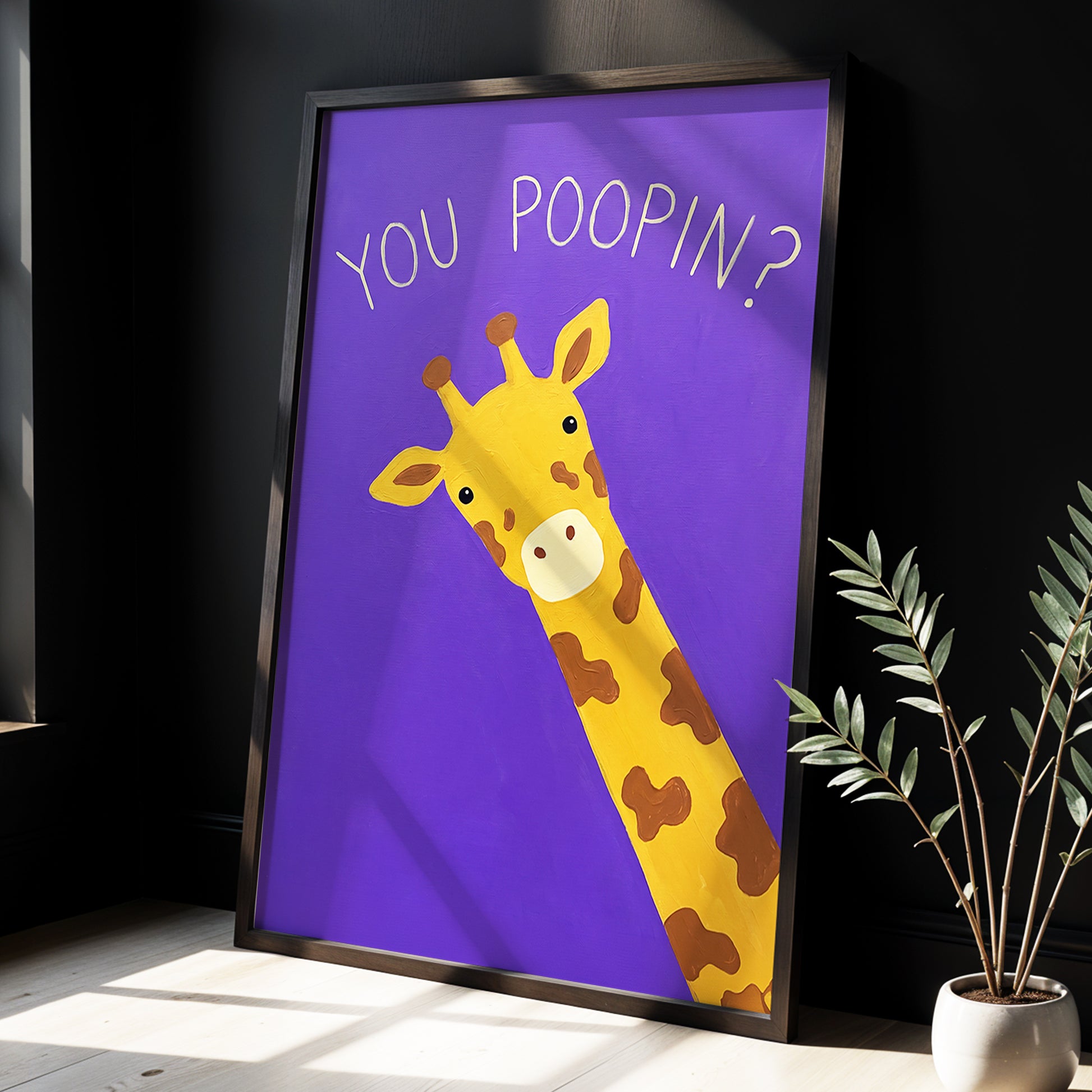 Giraffe's Cheeky Question, purple, yellow, brown nature wall art displayed in a styled interior, gallery view 9