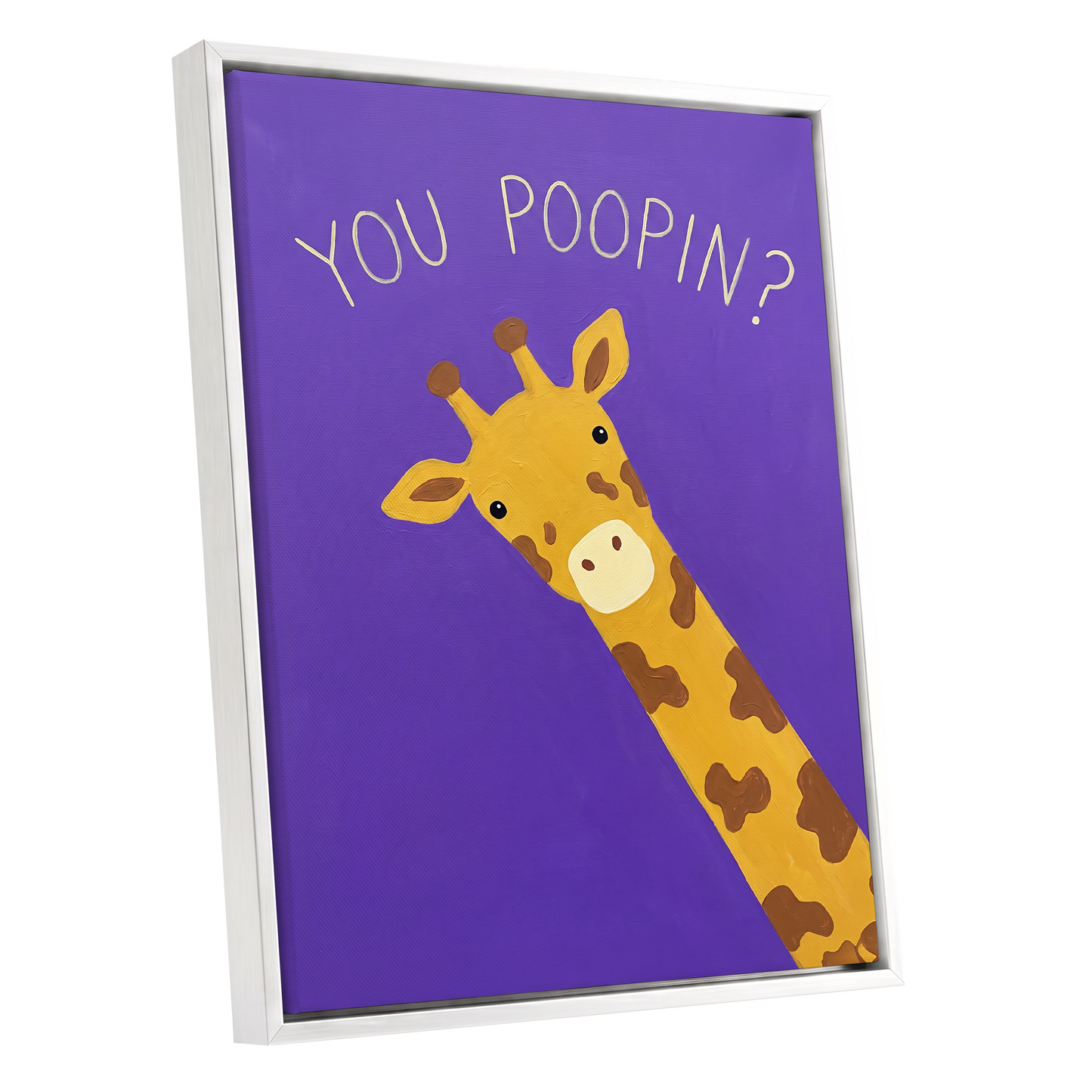 Giraffe's Cheeky Question, purple, yellow, brown nature wall art shown as a white framed canvas wall art