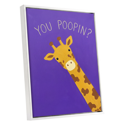 Giraffe's Cheeky Question, purple, yellow, brown nature wall art shown as a white framed canvas wall art