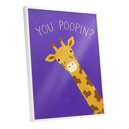 Giraffe's Cheeky Question, purple, yellow, brown nature wall art shown as a white framed poster wall art print