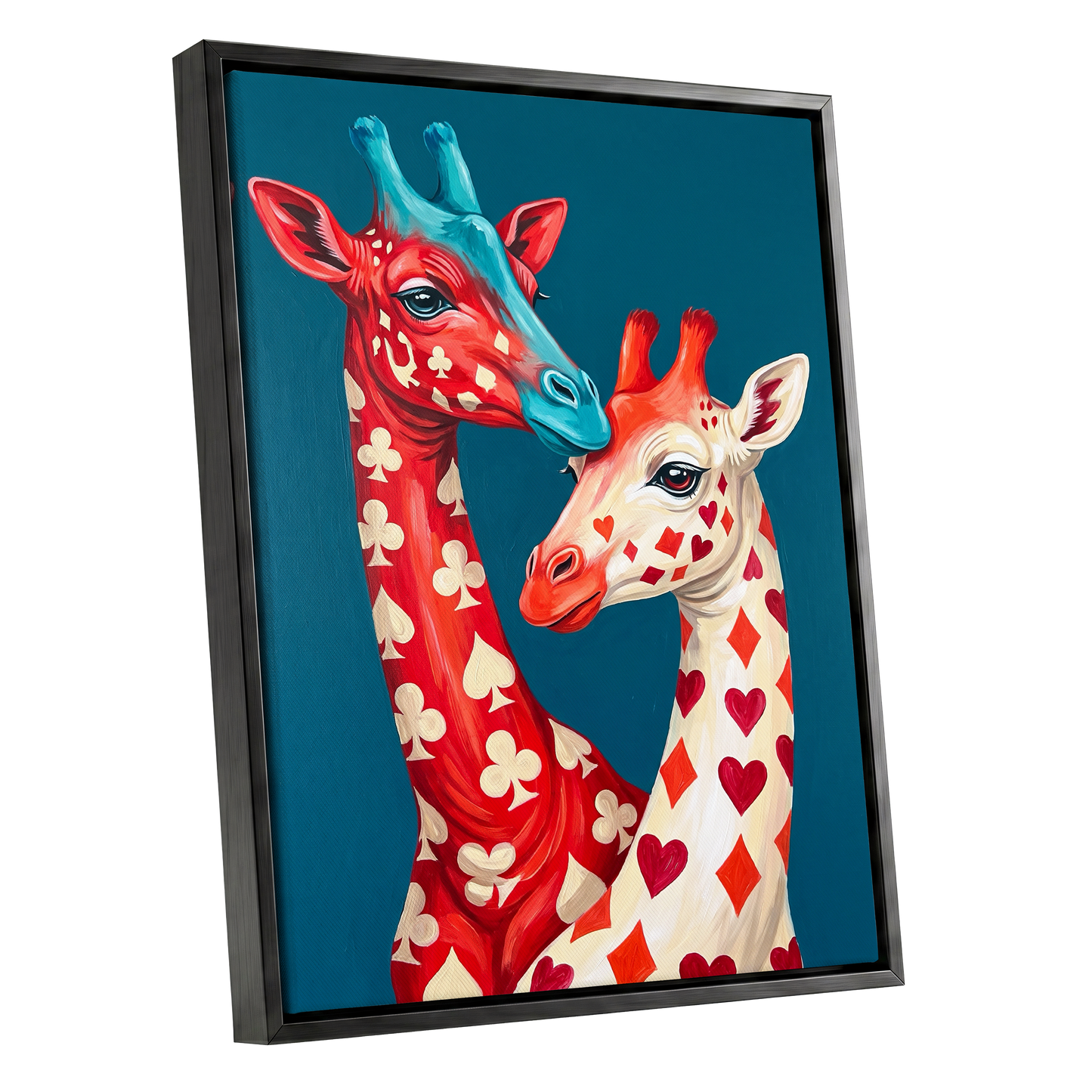 Giraffes in the Cards, blue, red, beige nature wall art shown as a black framed canvas wall art