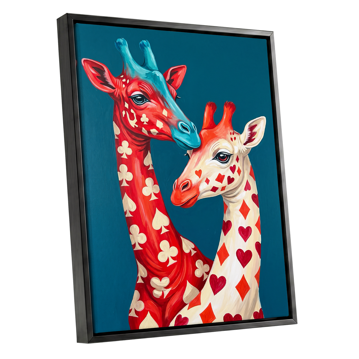 Giraffes in the Cards, blue, red, beige nature wall art shown as a black framed canvas wall art